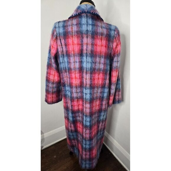 Vintage 1970s Red Blue Plaid Angora Wool Double Breasted Coat - Picture 12 of 16